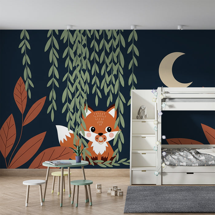 Papier peint chambre bébé | Renard mignon sous la lune