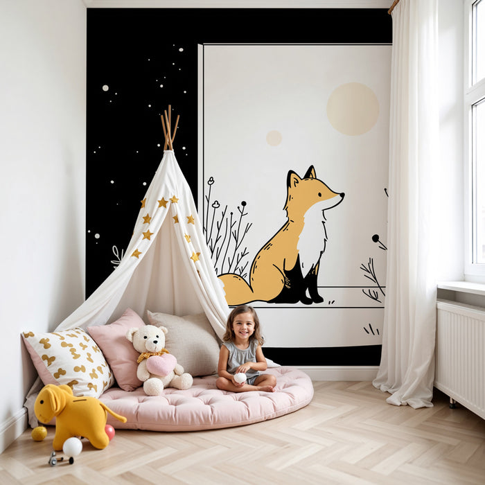 Papel de parede quarto bebê | Χαριτωμένη αλεπού κάτω από τα αστέρια