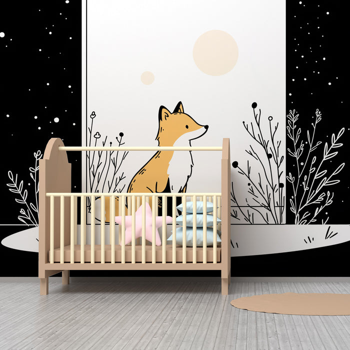 Papel de parede quarto bebê | Χαριτωμένη αλεπού κάτω από τα αστέρια