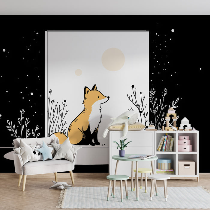 Papel de parede quarto bebê | Χαριτωμένη αλεπού κάτω από τα αστέρια