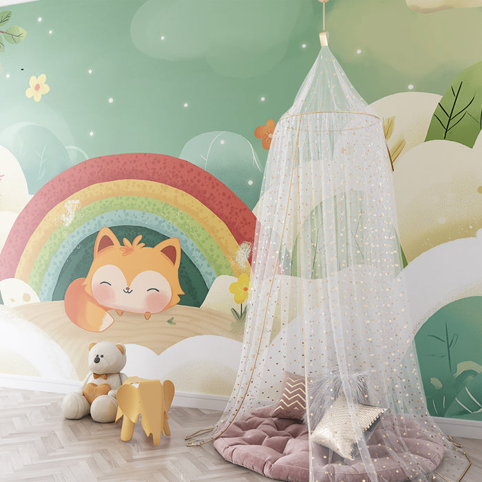 Papel de perete cameră bebeluși | Vulpe drăguță sub un curcubeu colorat