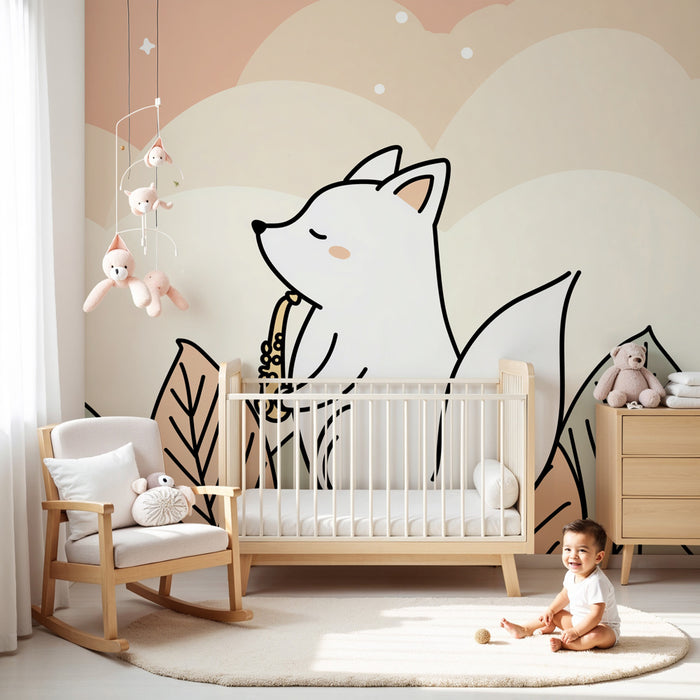 Papier peint chambre bébé | Renard musicien dans un monde rêveur