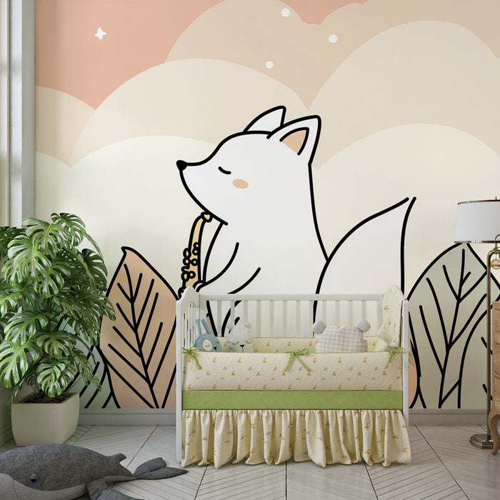 Papier peint chambre bébé | Renard musicien dans un monde rêveur