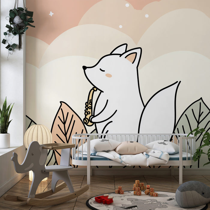 Papier peint chambre bébé | Renard musicien dans un monde rêveur