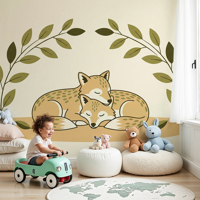 Baby nursery wallpaper | Snuggly foxes surrounded by soothing foliage
