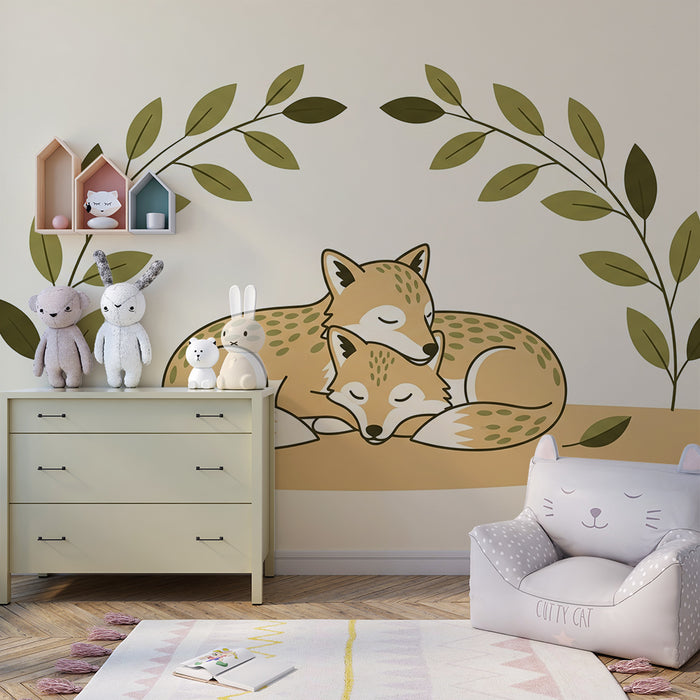 Baby nursery wallpaper | Snuggly foxes surrounded by soothing foliage