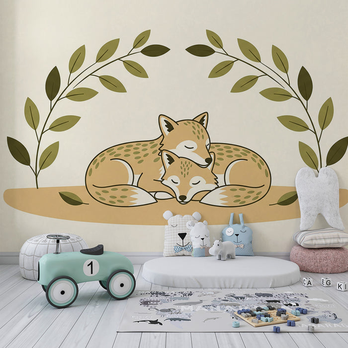 Baby nursery wallpaper | Snuggly foxes surrounded by soothing foliage