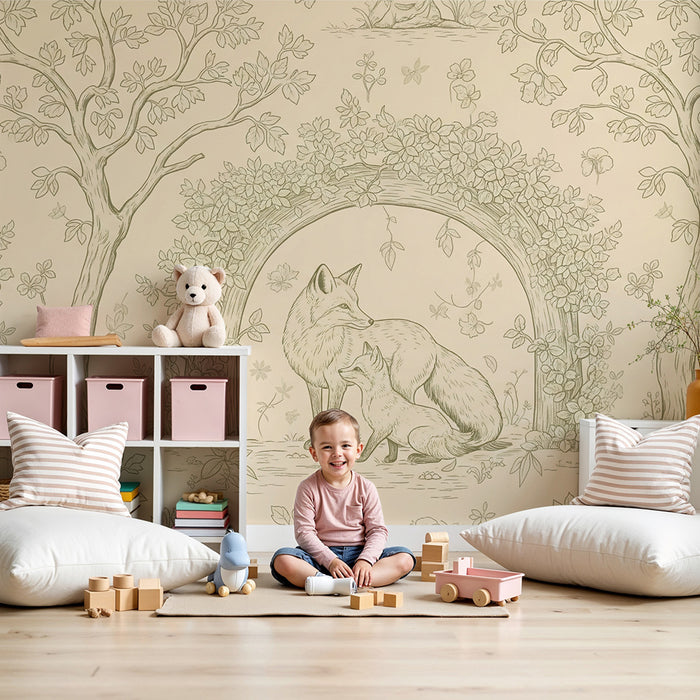 Papel pintado habitación bebé | Zorros en un delicado paisaje floral