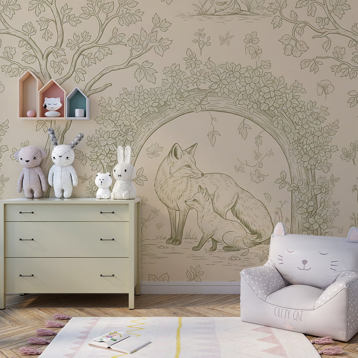 Papel pintado habitación bebé | Zorros en un delicado paisaje floral
