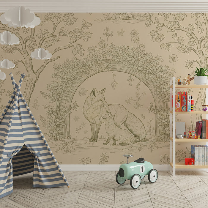 Papel pintado habitación bebé | Zorros en un delicado paisaje floral