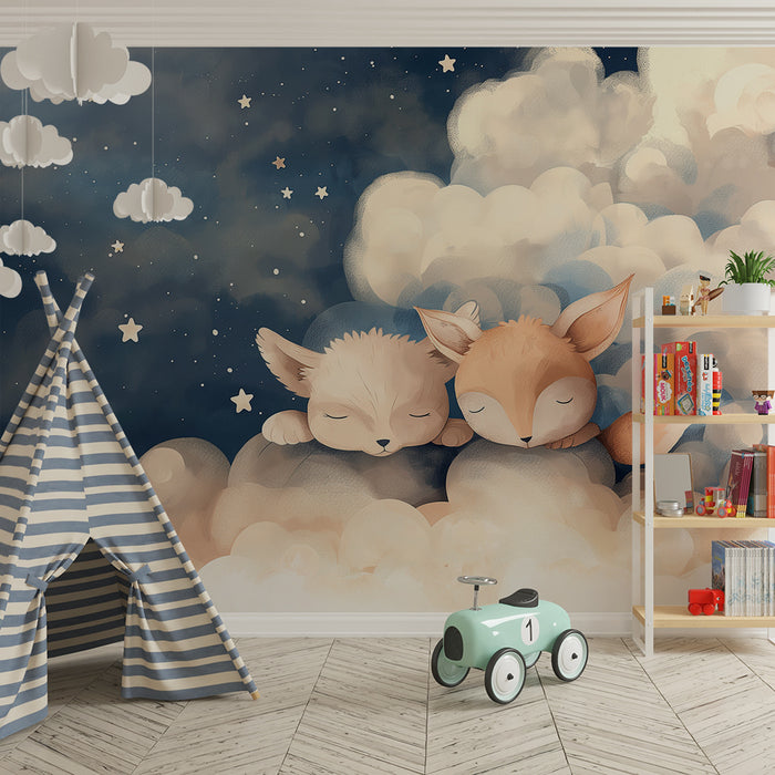 Papier peint chambre bébé | Renards endormis parmi les nuages étoilés