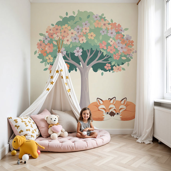 Papier peint chambre bébé | Renards endormis sous un arbre fleuri