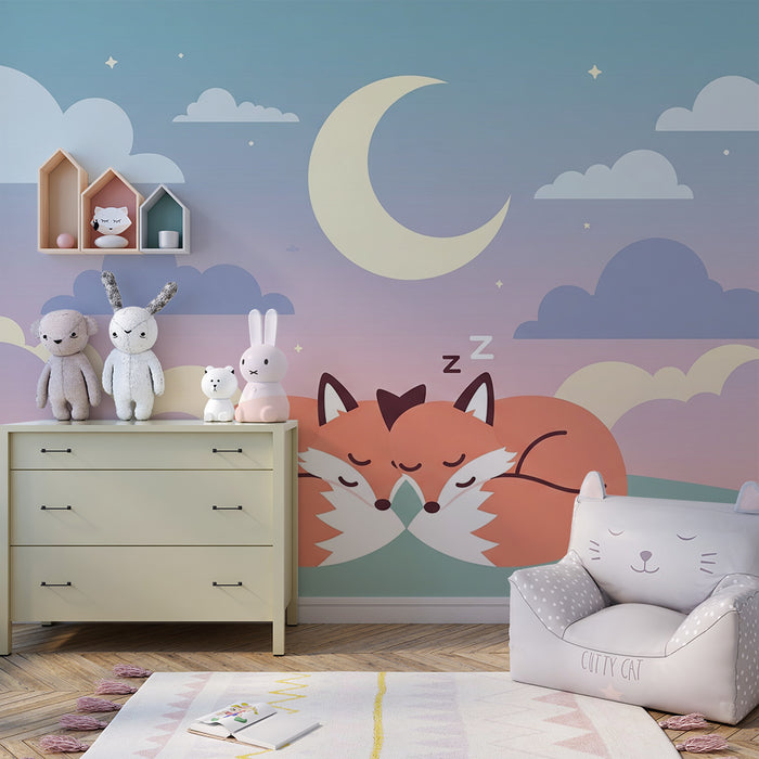 Papel de parede quarto bebê | Raposas adormecidas sob um céu estrelado