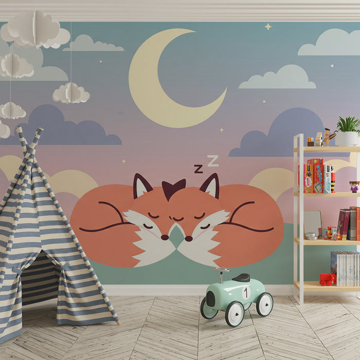 Papel de parede quarto bebê | Raposas adormecidas sob um céu estrelado