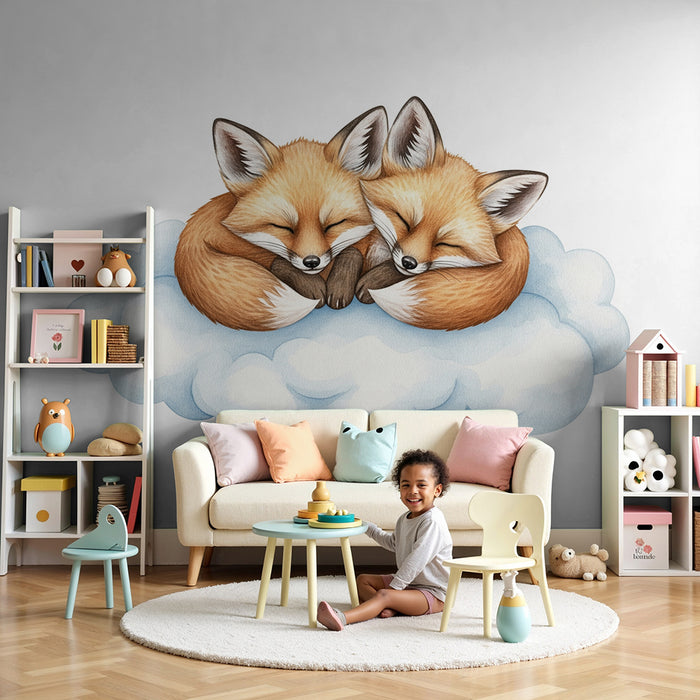 Papel pintado para habitación infantil | Zorros dormidos sobre una nube suave