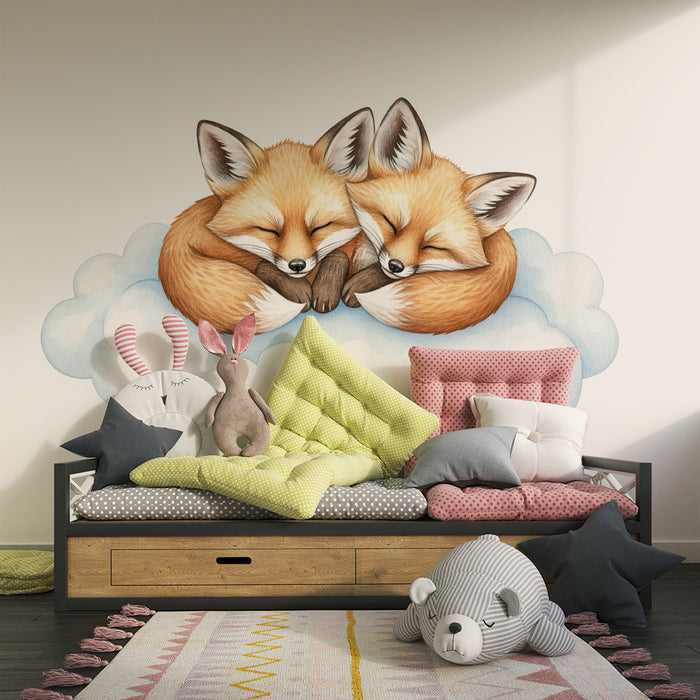 Papel pintado para habitación infantil | Zorros dormidos sobre una nube suave