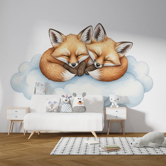 Papel pintado para habitación infantil | Zorros dormidos sobre una nube suave