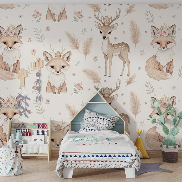 Papier peint chambre bébé | Renards et cerfs adorables avec fleurs délicates