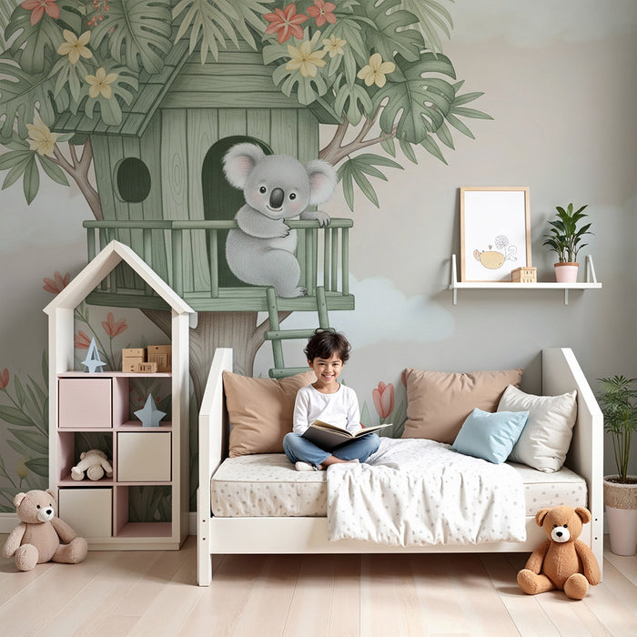 Papier peint chambre bébé | Rencontrez le koala dans sa cabane magique