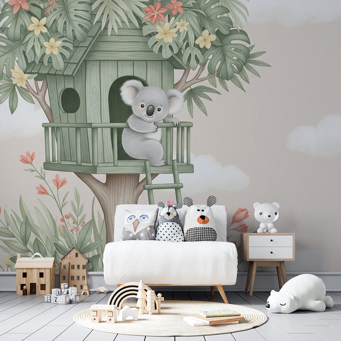 Papier peint chambre bébé | Rencontrez le koala dans sa cabane magique