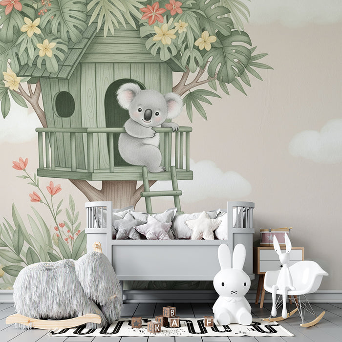 Papier peint chambre bébé | Rencontrez le koala dans sa cabane magique