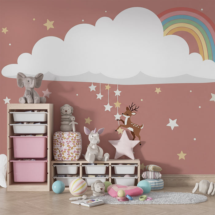 Papel de parede para quarto de bebé | Rena brincalhona debaixo de uma nuvem com estrelas e arco-íris