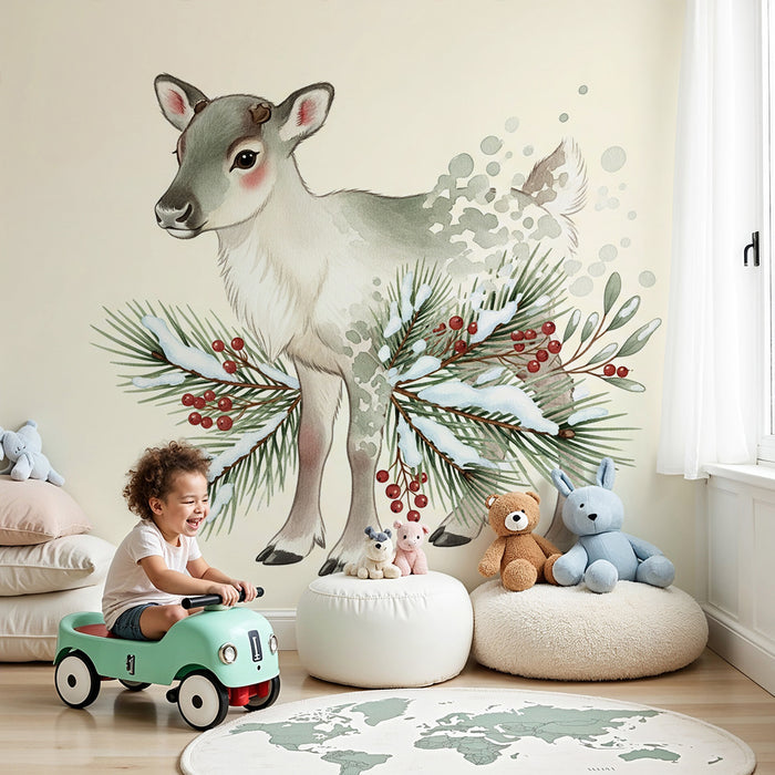 Papier peint chambre bébé | Renne mignon entouré de feuillage hivernal