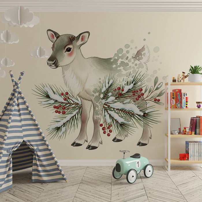 Papier peint chambre bébé | Renne mignon entouré de feuillage hivernal