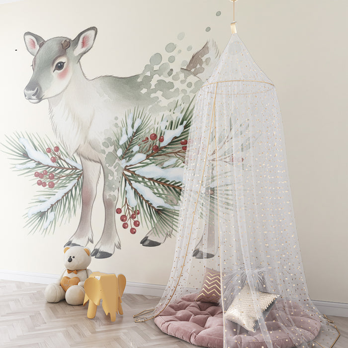 Papier peint chambre bébé | Renne mignon entouré de feuillage hivernal