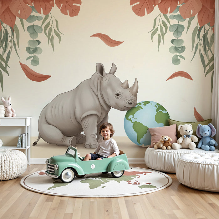Tapet barnerom | Søt neshorn og jordklode omgitt av tropiske blader