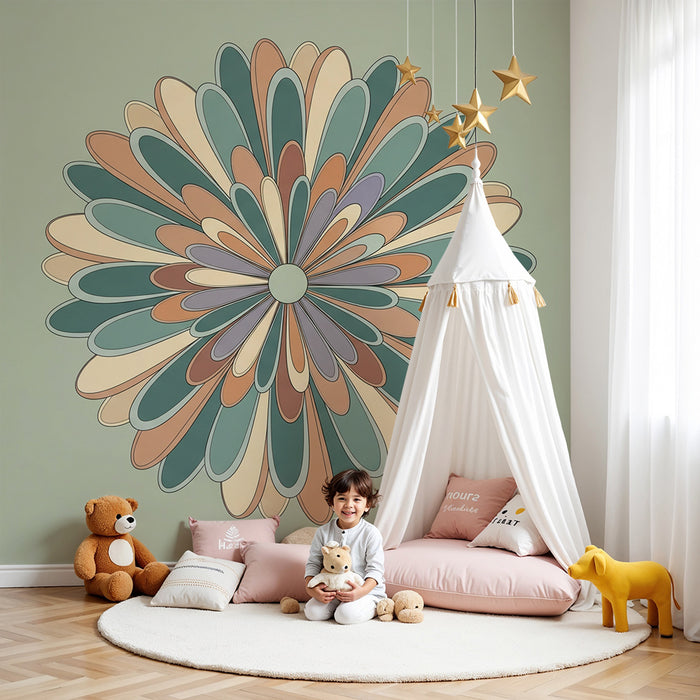 Papel pintado para habitación infantil | Rosetón sobre fondo verde salvia