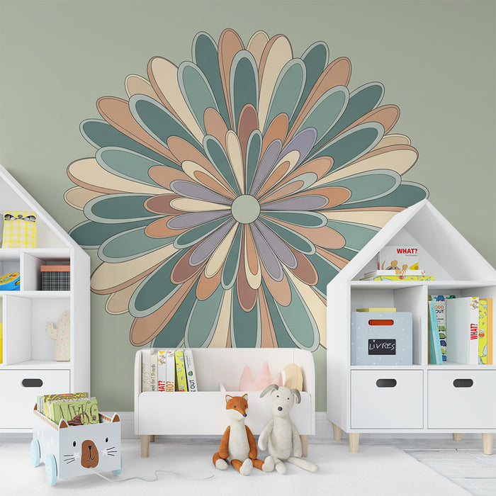 Papel pintado para habitación infantil | Rosetón sobre fondo verde salvia