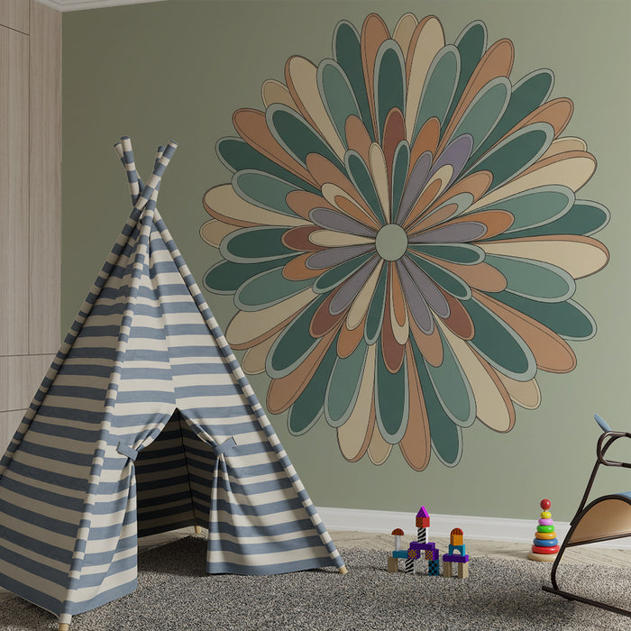 Papel pintado para habitación infantil | Rosetón sobre fondo verde salvia