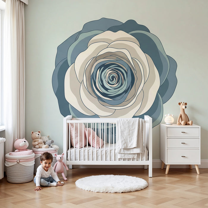 Papel de parede para quarto de bebé | Rosa estilizada com tons suaves de azul e creme