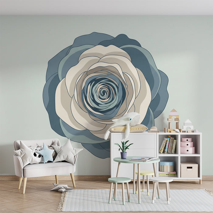 Papel de parede para quarto de bebé | Rosa estilizada com tons suaves de azul e creme