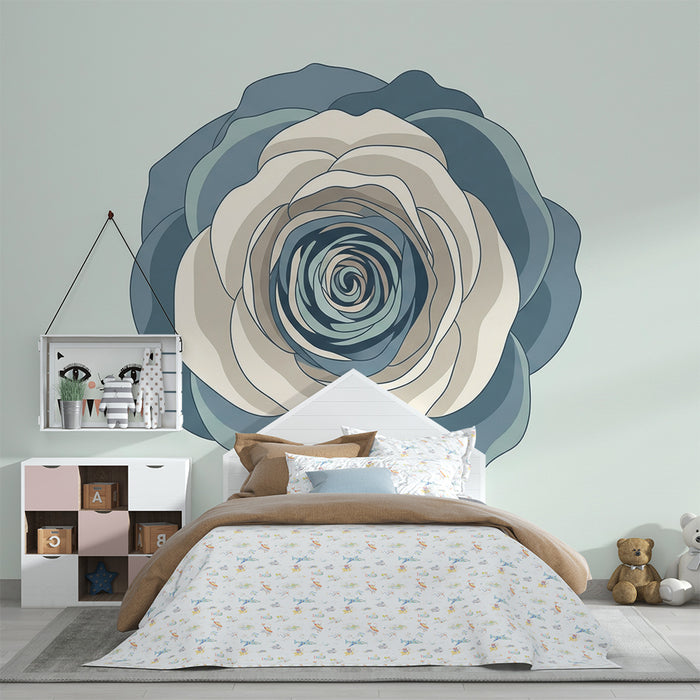 Papel de parede para quarto de bebé | Rosa estilizada com tons suaves de azul e creme