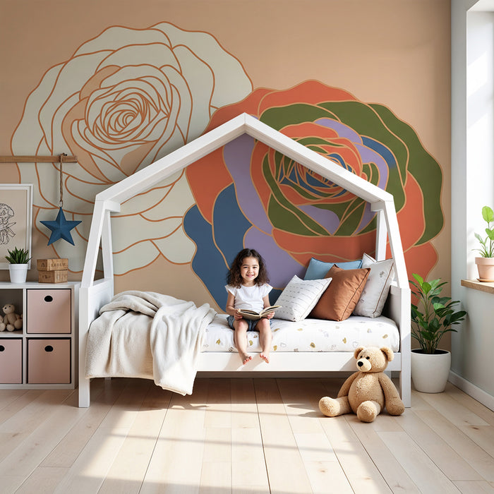 Papel pintado para habitación infantil | Rosas de colores sobre fondo melocotón suave