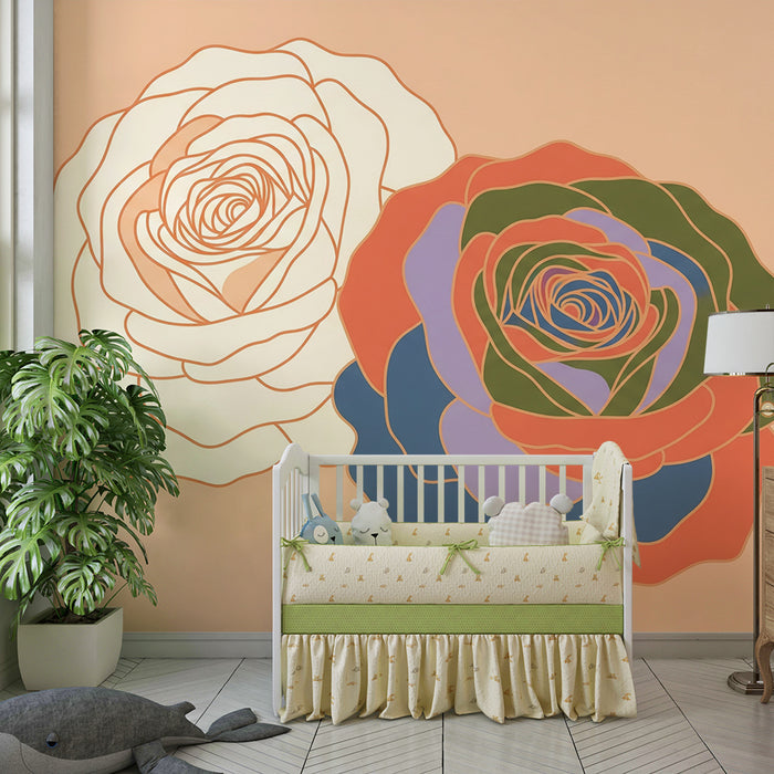 Papel pintado para habitación infantil | Rosas de colores sobre fondo melocotón suave