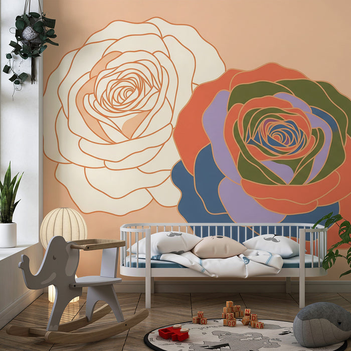 Papel pintado para habitación infantil | Rosas de colores sobre fondo melocotón suave