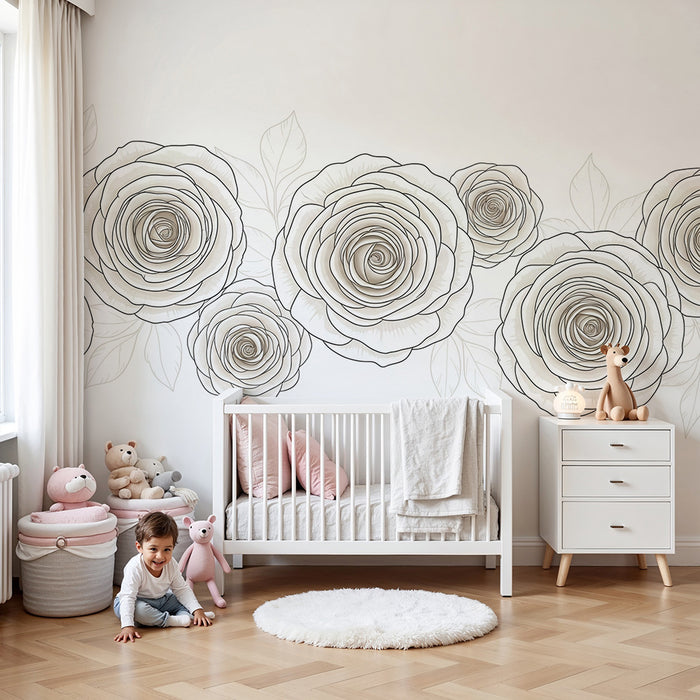 Papel de parede para quarto de bebé | Rosas delicadas em tons de bege e branco