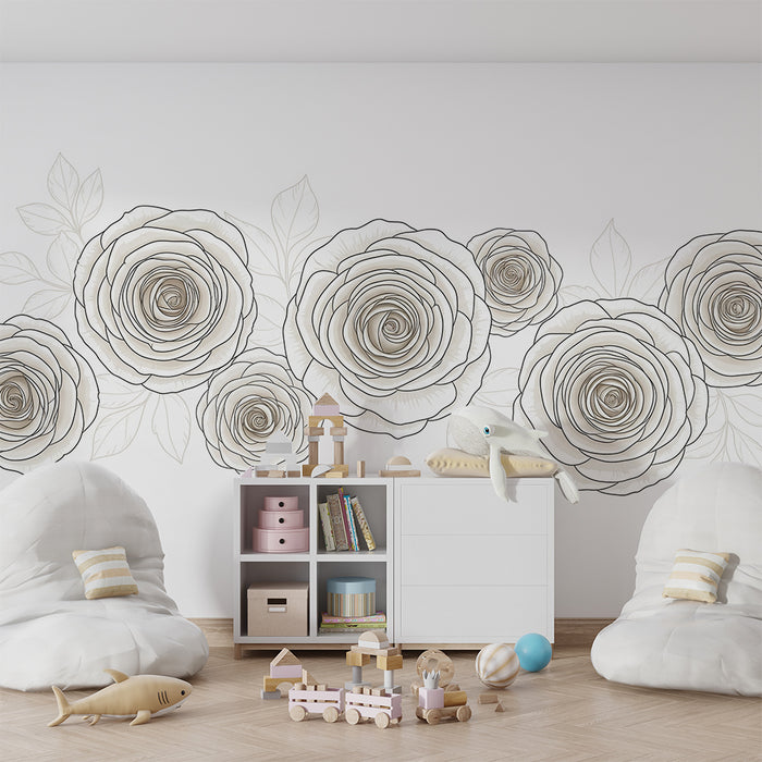 Papel de parede para quarto de bebé | Rosas delicadas em tons de bege e branco