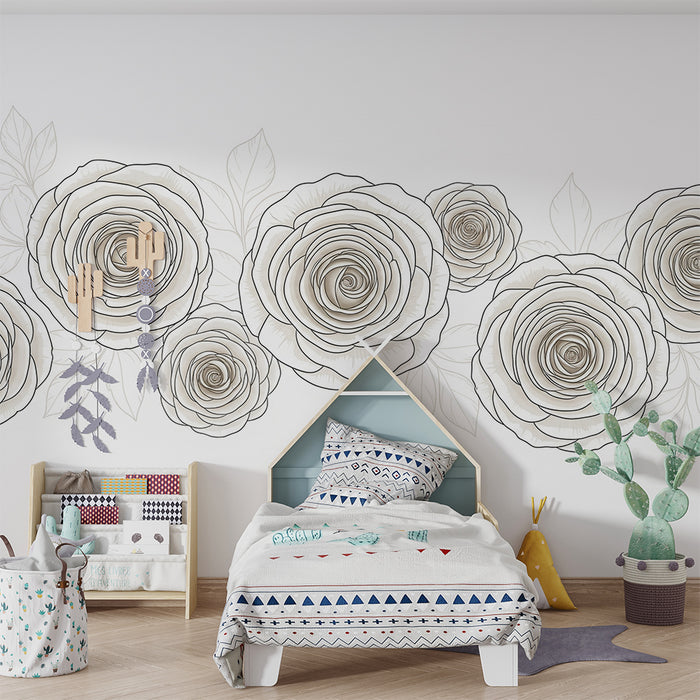 Papel de parede para quarto de bebé | Rosas delicadas em tons de bege e branco