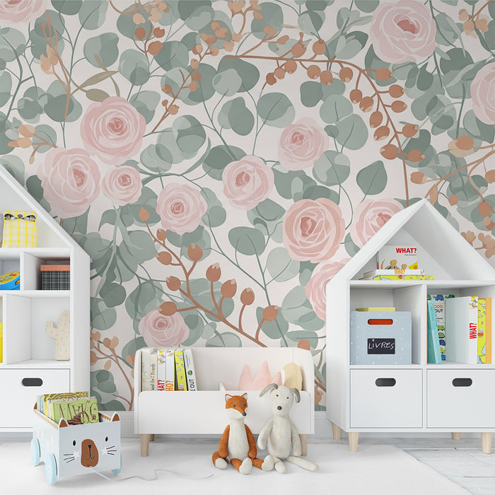 Carta da parati bambini | Rose delicate e fogliame morbido per un'atmosfera floreale rilassante.