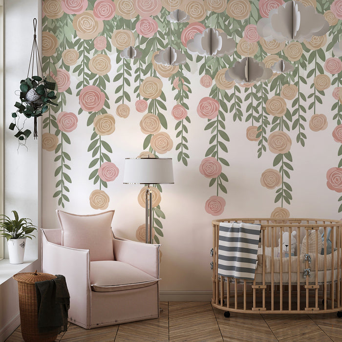 Papier peint chambre bébé | Roses délicates et feuillage doux