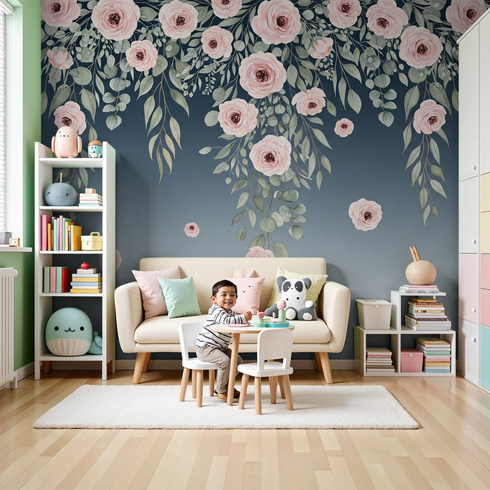 Papel de parede quarto bebê | Rosas delicadas e folhagem em fundo degradê
