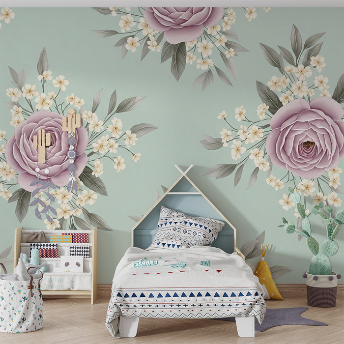 Papel de parede quarto bebê | Rosas delicadas e flores brancas em fundo verde menta