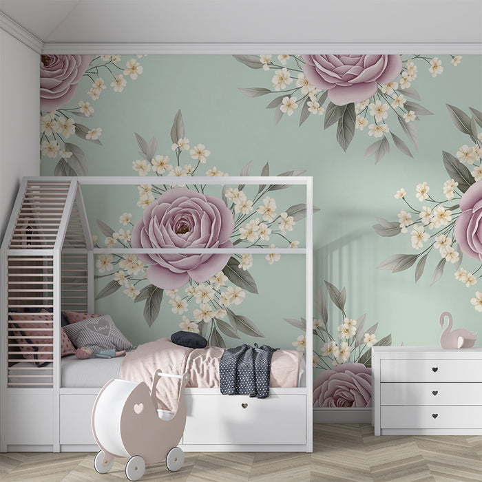 Papel de parede quarto bebê | Rosas delicadas e flores brancas em fundo verde menta