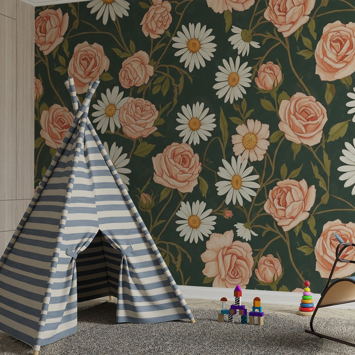 Χαριτωμένα τριαντάφυλλα και μαργαρίτες σε πράσινο φόντο