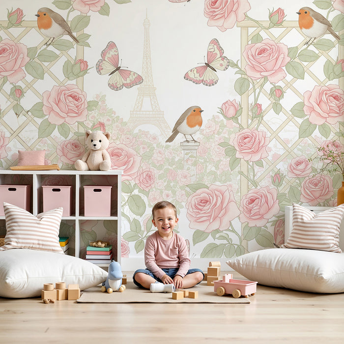 Baby room wallpaper | Delicate roses and singing birds with the Eiffel Tower in the background