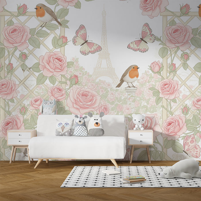 Baby room wallpaper | Delicate roses and singing birds with the Eiffel Tower in the background